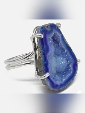 Blue Agate Druzy Ring - Silver Setting